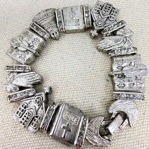 Vintage Religious Bracelet Bible Church Rhinestone Bergdorf Goodman Marked BG